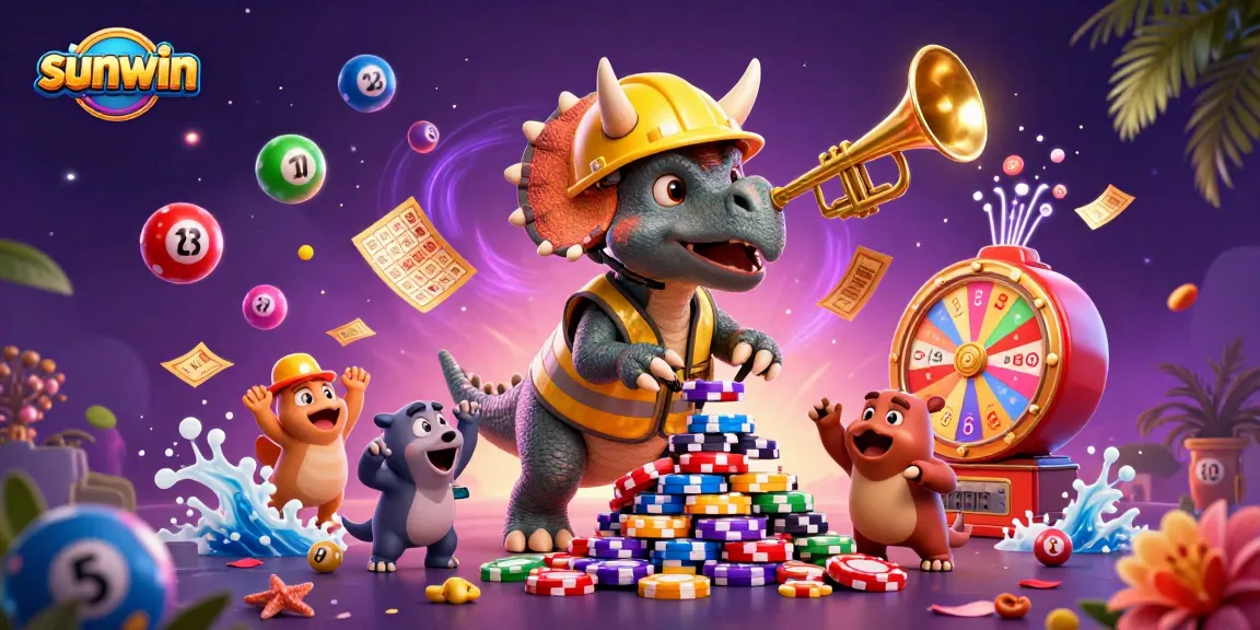 sunwin game experience with cheerful 3D dinosaurs building poker chips amid vibrant casino elements