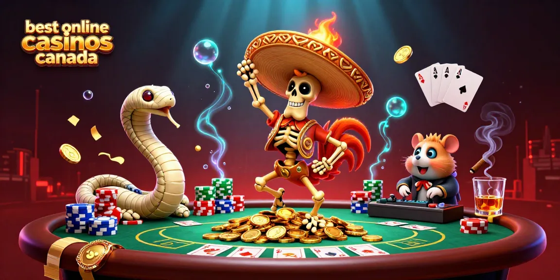 Experience the thrill of the best online casinos Canada with a festive scene of gaming characters celebrating wins.