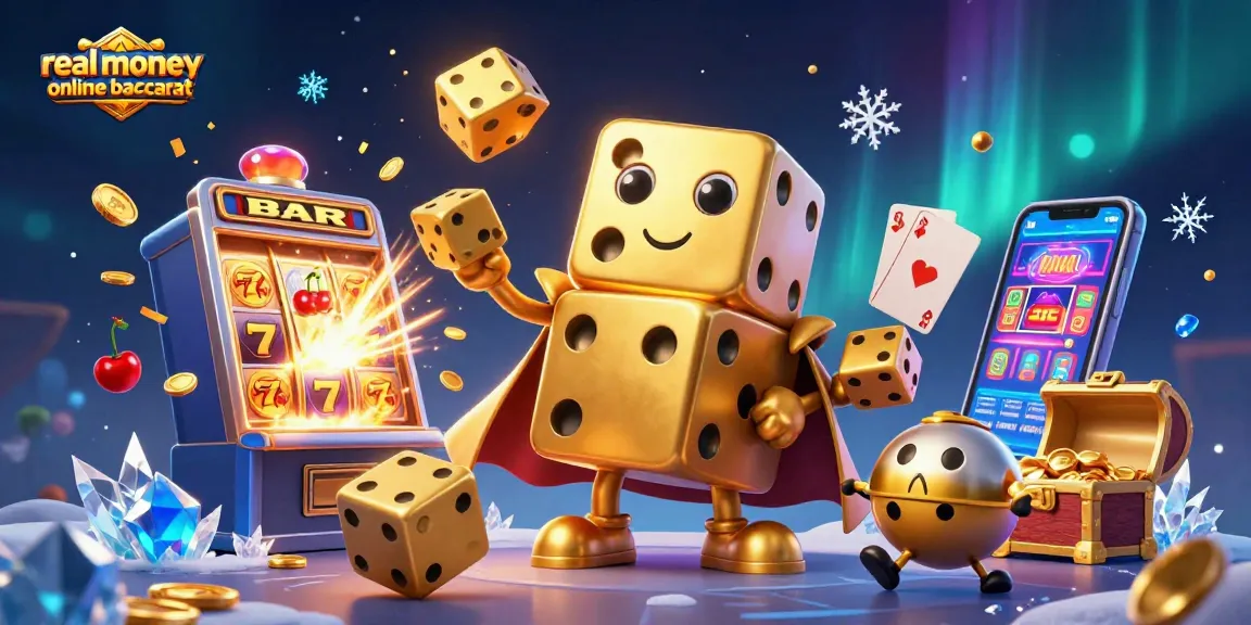 Engage in real money online baccarat with vibrant casino elements and dynamic 3D illustrations showcasing gaming excitement.