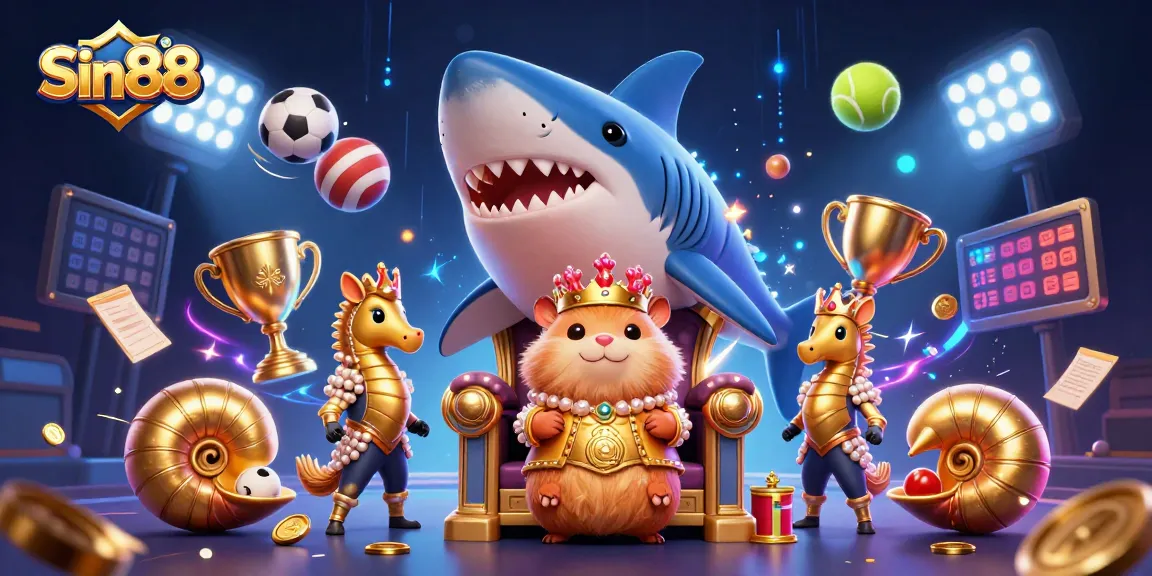 Sin88 casino scene featuring a fierce golden hamster king on a megalodon throne, surrounded by sports-themed elements