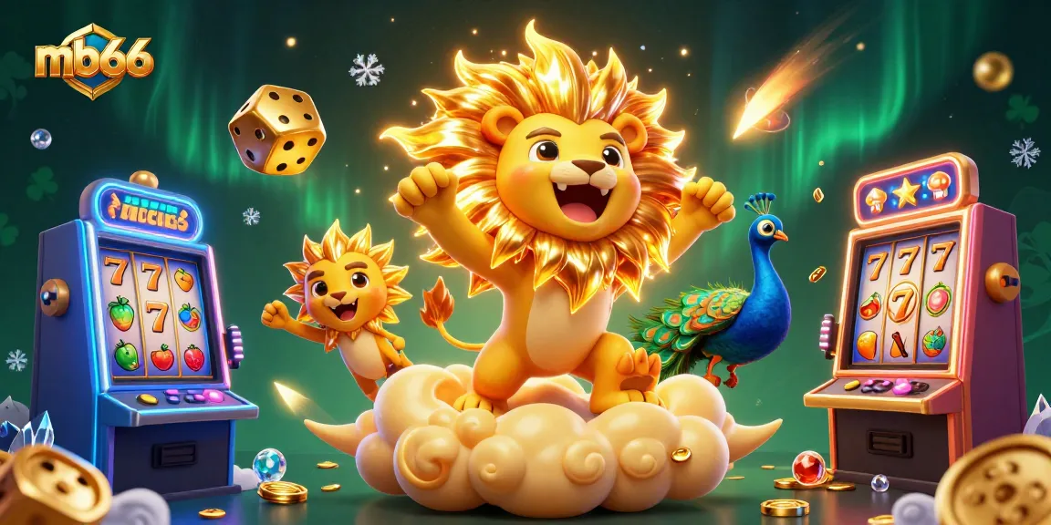Engage with mb66 slots in a vibrant scene featuring a roaring sun lion and golden dice.