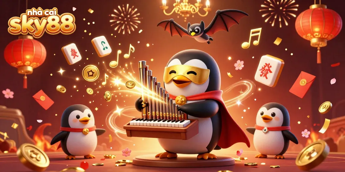 Experience the vibrant gaming energy of nhà cái sky88 with a golden-themed 3D illustration depicting a penguin organist amidst dynamic gambling symbols.
